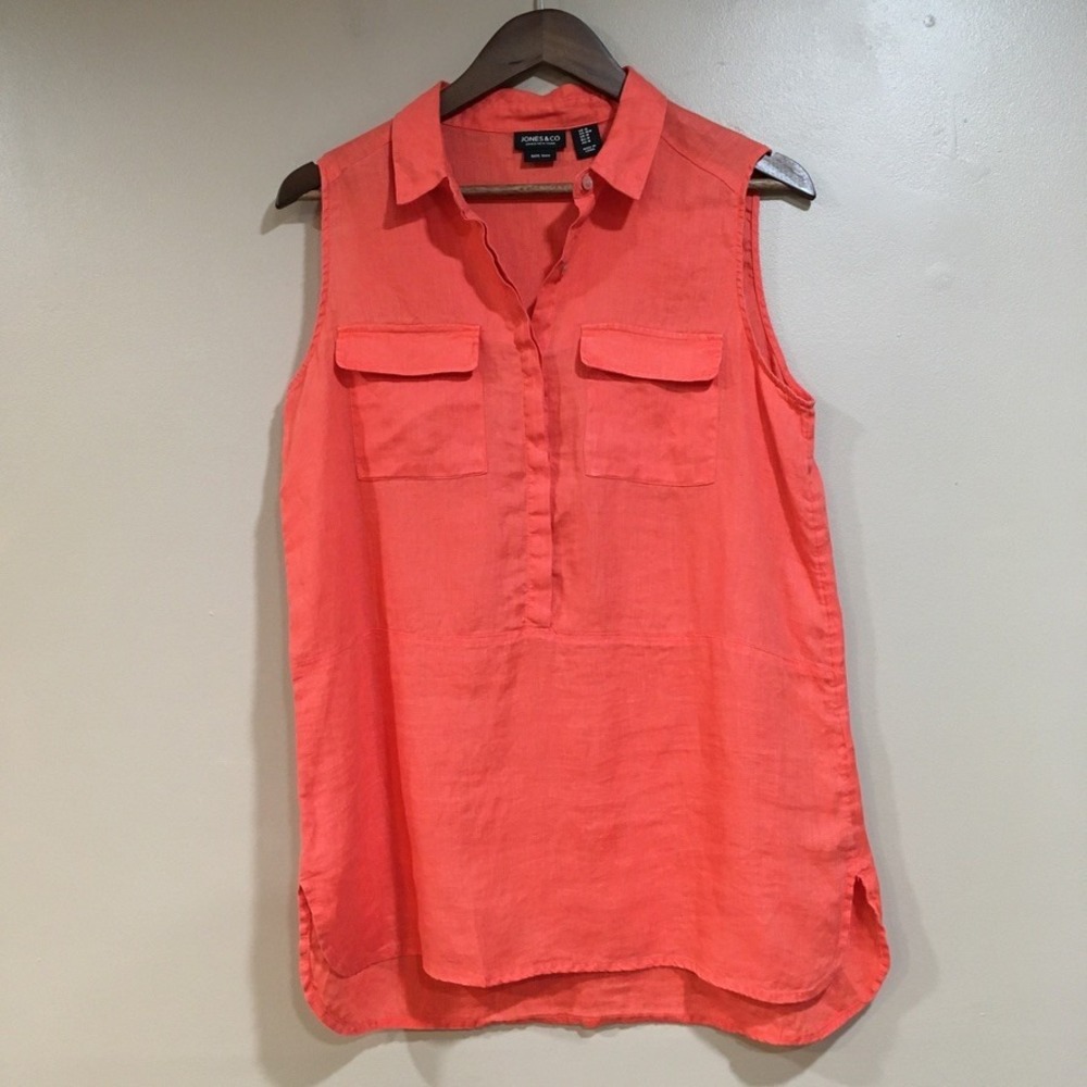 Jones New York 100% Linen Sleeveless Tunic Top Women M Coral Casual Coastal Airy